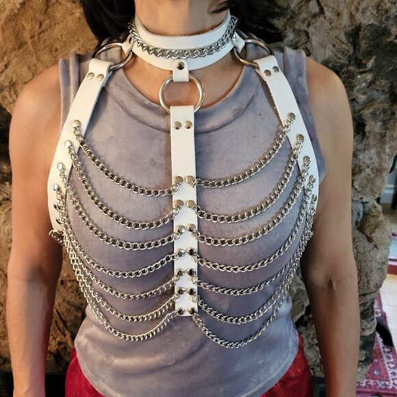 Goth Chain Leather Body Harness Necklace Cosplay Festival Bra - Picture 8 of 9